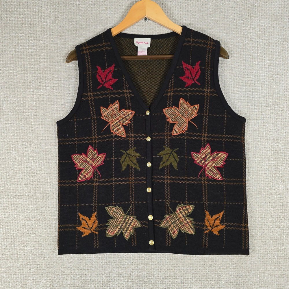 Crystal-Kobe Womens Large Fall Maple Leaf Plaid Knit Sweater Vest Black V-Neck